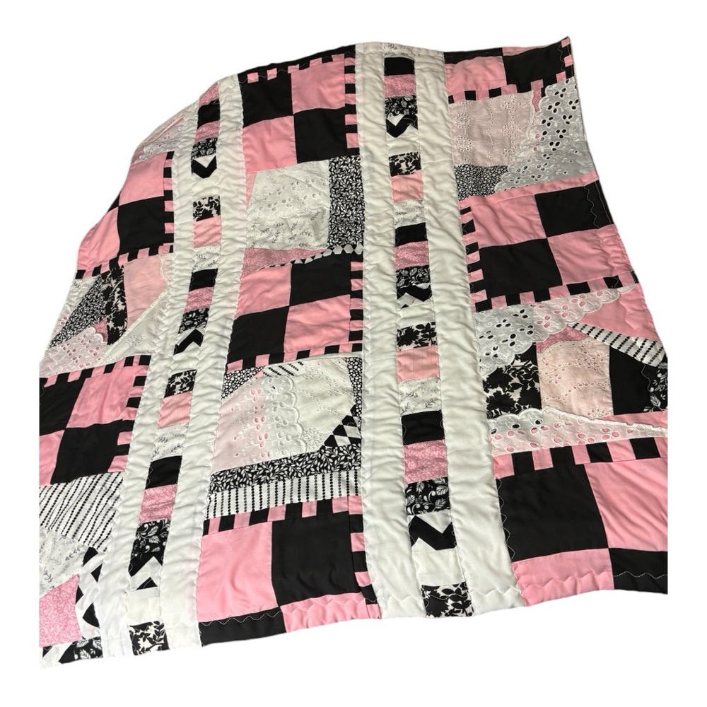 Baby or lap quilt. 36”x39” approx. pink white black and lace - Picture 1 of 14